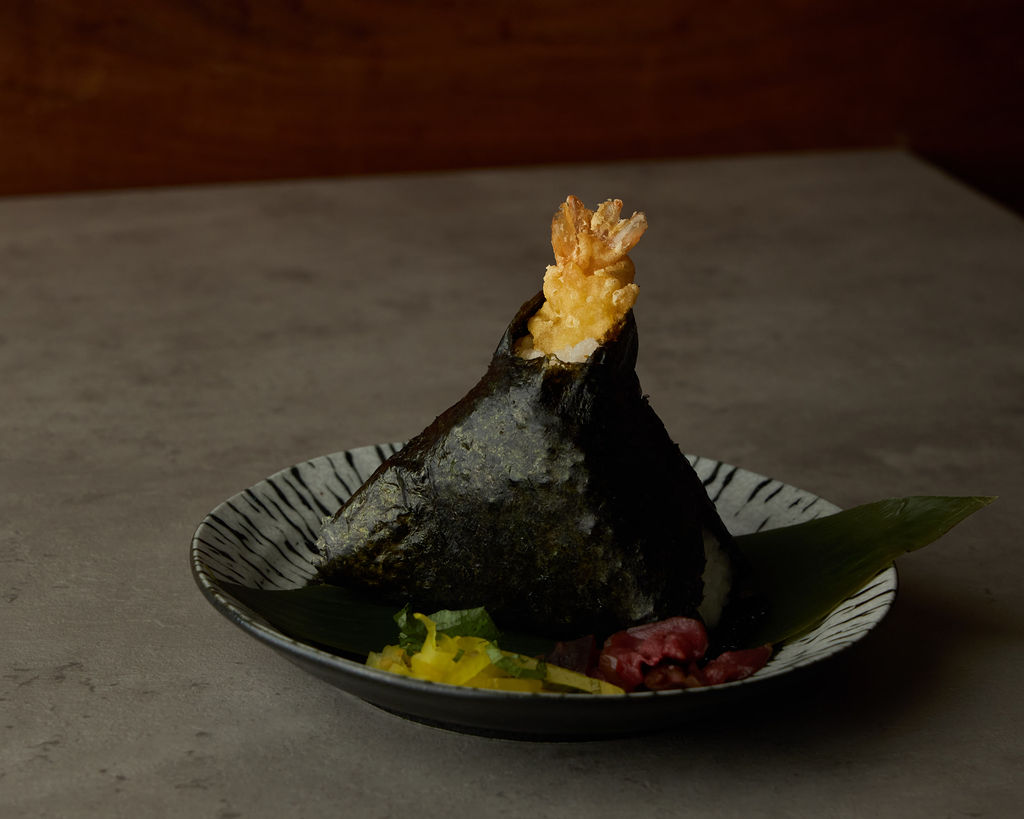 Tenmusu onigiri with crispy shrimp tempura filling